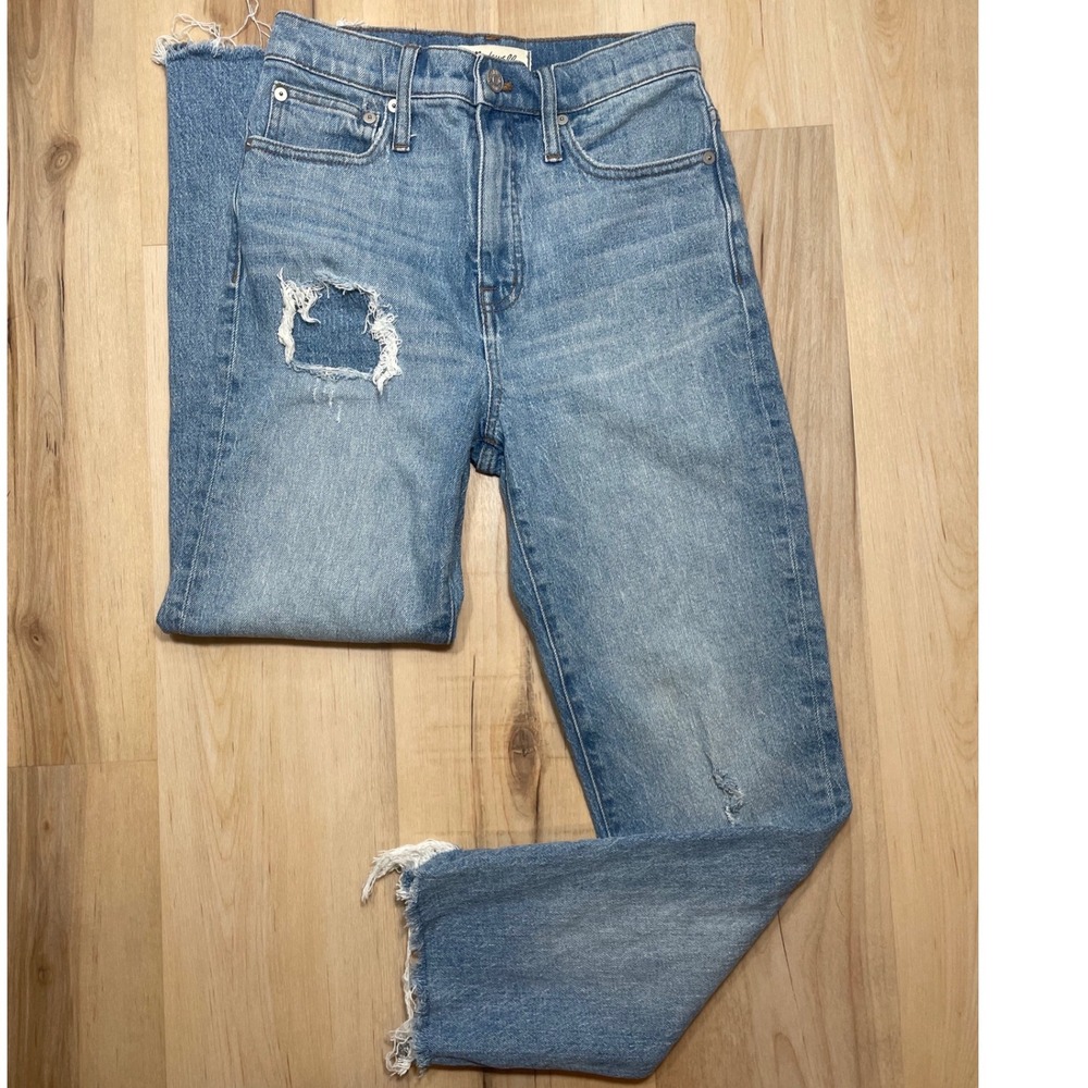 Madewell Classic Straight Jean Distressed Raw Step Hem Blue Denim Size 25